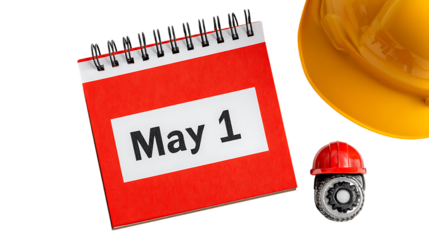 Red calendar with may 1 date and construction hat on transparent background