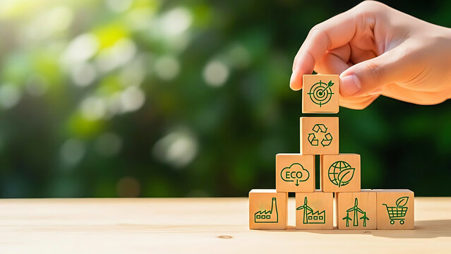 Hand stacking wooden blocks with green business and sustainability icons, eco growth strategy concept