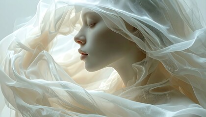 A woman's profile is highlighted, surrounded by billowing, sheer fabric against a soft, light background