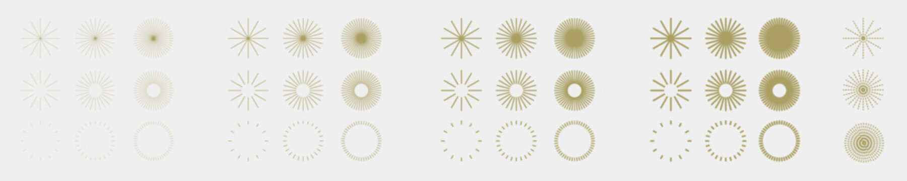 Starburst ray lines set, sunburst circular stroke vector design pack, minimalist radial line ornament collection, retro sun beam element for logo branding, isolated line art