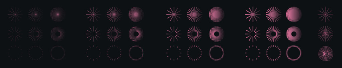 Fototapeta premium Starburst ray lines set, sunburst circular stroke vector design pack, minimalist radial line ornament collection, retro sun beam element for logo branding, isolated line art