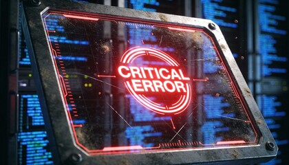 Red Neon Critical Error Sign on Shattered Screen with Server Room Background. 3D Illustration of System Crash, Cyber Attack and Data Center Failure Concept. Broken Glass Digital Tech Warning.