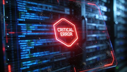 Red Neon Critical Error Sign on Shattered Screen with Server Room Background. 3D Illustration of System Crash, Cyber Attack and Data Center Failure Concept. Broken Glass Digital Tech Warning.