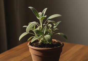 Fresh sage plant in clay pot with warm natural light 