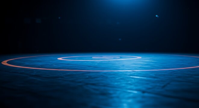 Empty wrestling ring with blue lighting and open copy space