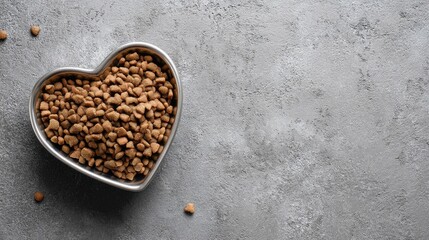Bowl of dog food is in the shape of a heart. The bowl is filled with small pieces of food, and there are some pieces of food on the ground around the bowl