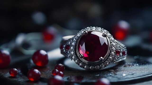 Luxurious silver ring with ruby and diamonds