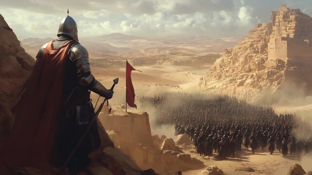 Medieval knight general watching his massive army marching to battle