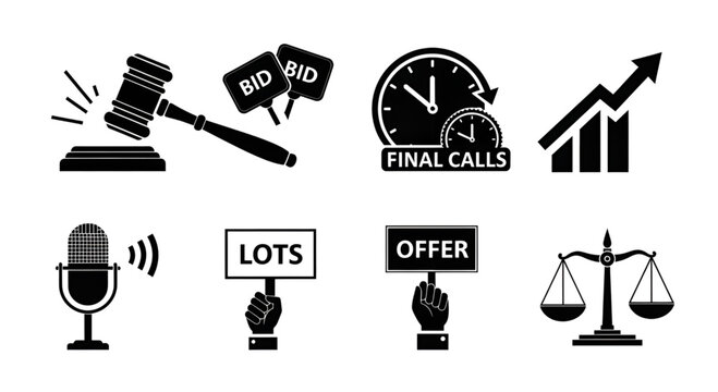 Visual collection of black icons representing the dynamic world of auctions and bidding.