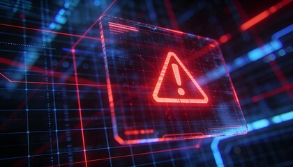 Glowing Red Warning Triangle on Glass Screen with Digital Grid Background. 3D Illustration of Cyber Security Alert, System Error and Hacking Threat. Futuristic Data Server Technology Concept.
