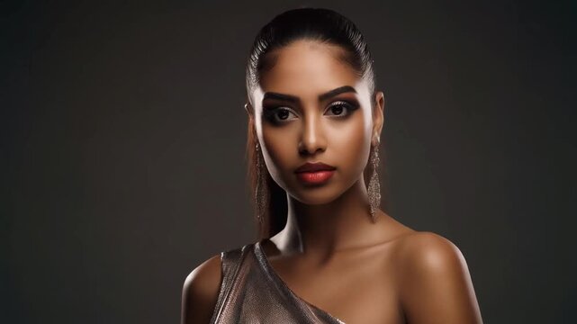 Fashion portrait female model with high ponytail, metallic dress, dramatic studio lighting, 4K loop, 2026