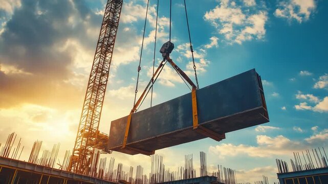 Industrial crane lifting a concrete block at sunset