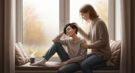 Comforting Embrace: Women Share a Peaceful Rainy Day by the Window