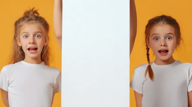 Three shocked little girls holding blank white placard
