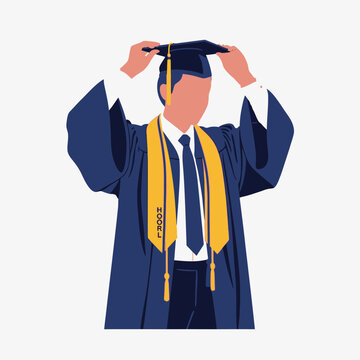 Person in graduation gown adjusting cap on white background.