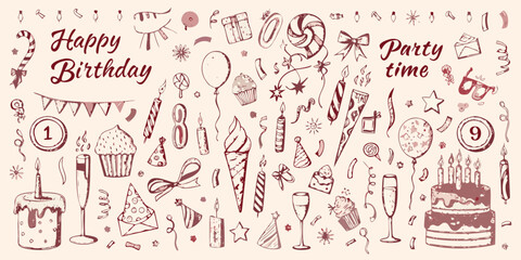 Hand drawn birthday illustrations with cakes balloons and party decorations