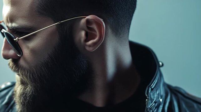 Tough bearded biker wearing leather jacket turning his head