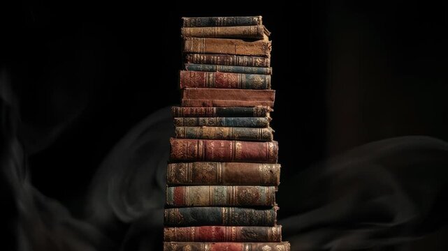 A tall stack of old, leather-bound books in a dark setting with swirling smoke