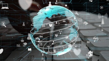 A captivating digital illustration of a globe surrounded by network connections and icons that signify modern technology and global communication dynamics in society. Xenic