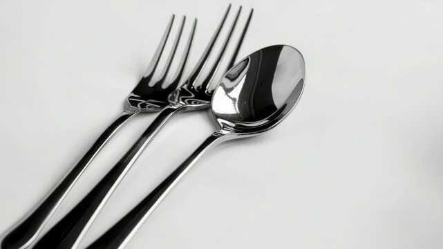 A pair of silver spoons and forks on a clean white surface