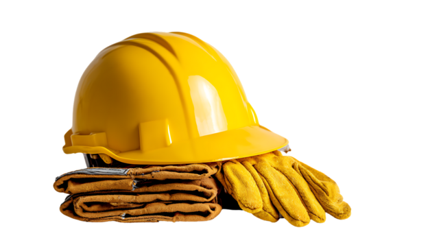 Yellow hard hat and work gloves on a white surface for construction safety isolated on transparent background - Powered by Adobe