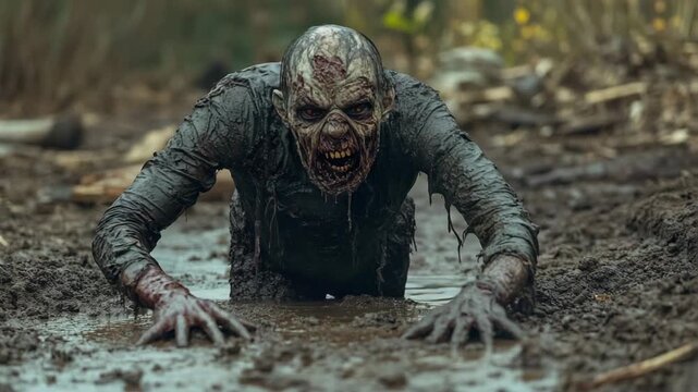 Creepy undead zombie crawling through muddy swamp