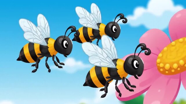 Three cartoon bees flying toward a vibrant pink flower in a blue sky