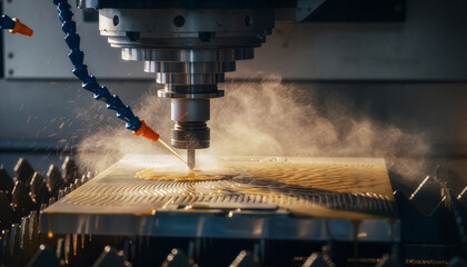 CNC milling machine cutting metal with coolant spray, precision machining close up