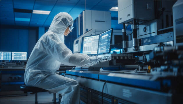 Cleanroom technician operating semiconductor manufacturing equipment in high tech lab