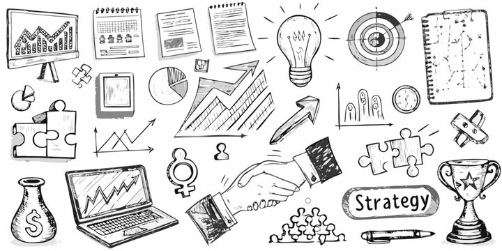 A collection of business and strategy related doodles and hand drawn elements