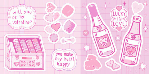 Valentine s day themed stickers and chocolates on a pink checkered background © Amrito