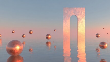 Surreal Gateway to Tranquility: Abstract Dreamscape with Reflective Spheres