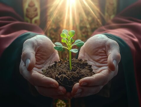 Hands hold small plant in soil with light shining in background during a garden event at local park in spring
