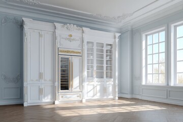 Elegant white and gold built-in cabinets and appliances in a light blue room.