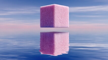 Fuzzy Pink Cube Reflected in Water Under a Dreamy Sky- Abstract Still Life