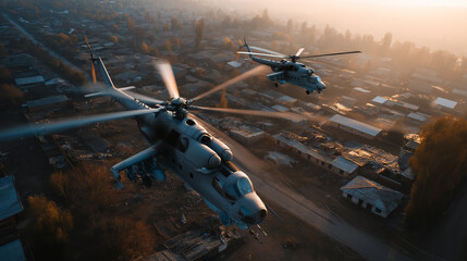 Naklejka premium Military helicopters and forces in destroyed city with houses and cars aerial bombardment aftermath war zone destruction conflict disaster urban devastation with copy space