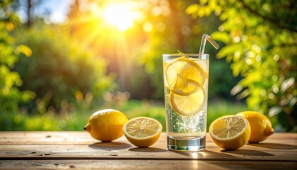 Refreshing lemonade on a wooden table, with whole and sliced lemons, basking in sunshine