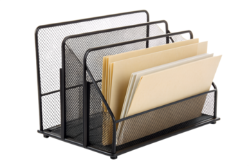 Black mesh desktop organizer with four compartments holding manila folders and papers for office desk organization and storage solutions