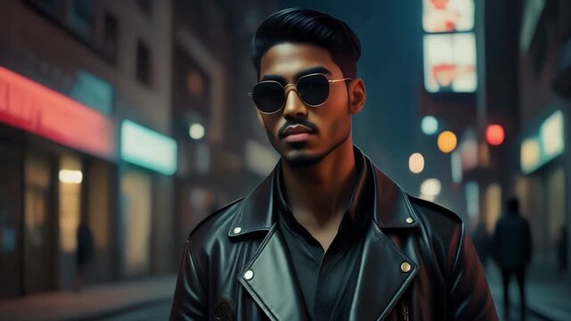 8K Cyber Noir: Cinematic view of male model in leather coat with ray-traced neon reflections on sunglasses and urban street background