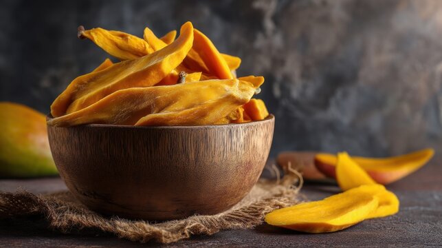 Bowl of mango chips sits on a table. The bowl is full of chips and there are a few pieces of mango on the table