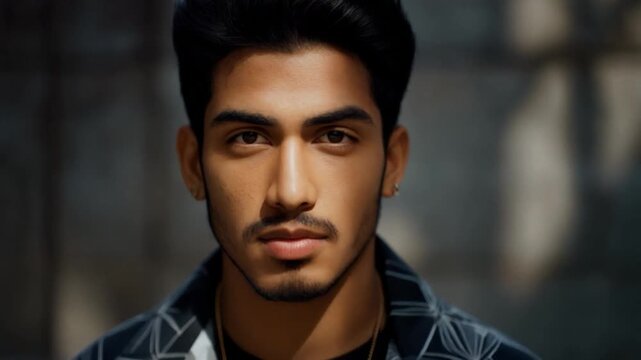 8K Urban Noir: Cinematic view of male model in modern streetwear attire, sharp facial features, and PBR textures