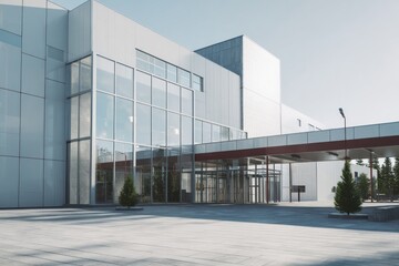 Modern glass building facade with clean lines and geometric architecture.