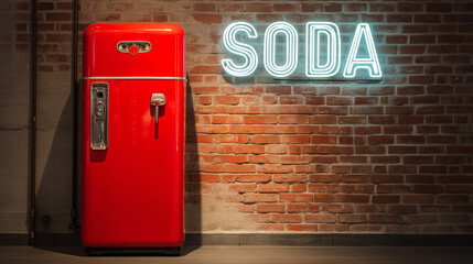 A retro soda vending machine from the 1950s, bright red glossy finish, standing against a brick wall