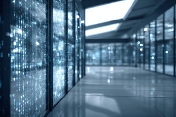 Rows of glowing digital displays fill a modern data center hallway.