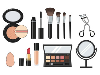 Assortment of makeup products and beauty tools on a white background