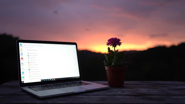 Open laptop on rustic wooden table with a blooming potted flower against a tranquil orange sunset sky, depicting outdoor work.