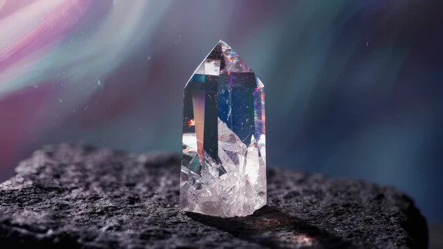 A transparent crystal formation with internal fractures rests on dark, textured stone
