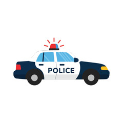 Police car with flashing lights on white background