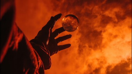 Mystical Sphere Held in Hand Against Orange Sky, Foretelling Doom or Future