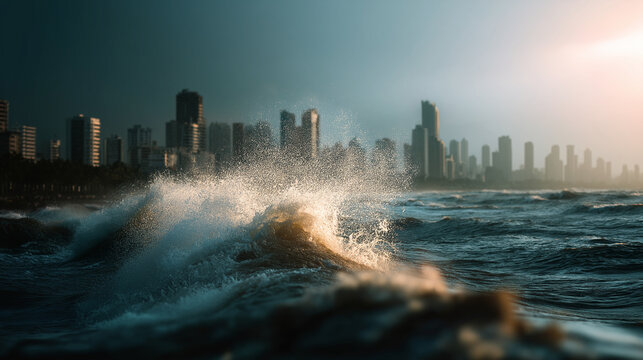 Nature disaster city destroyed by tsunami waves coastal catastrophe urban flooding devastation seismic ocean emergency massive water destruction environmental crisis with cop